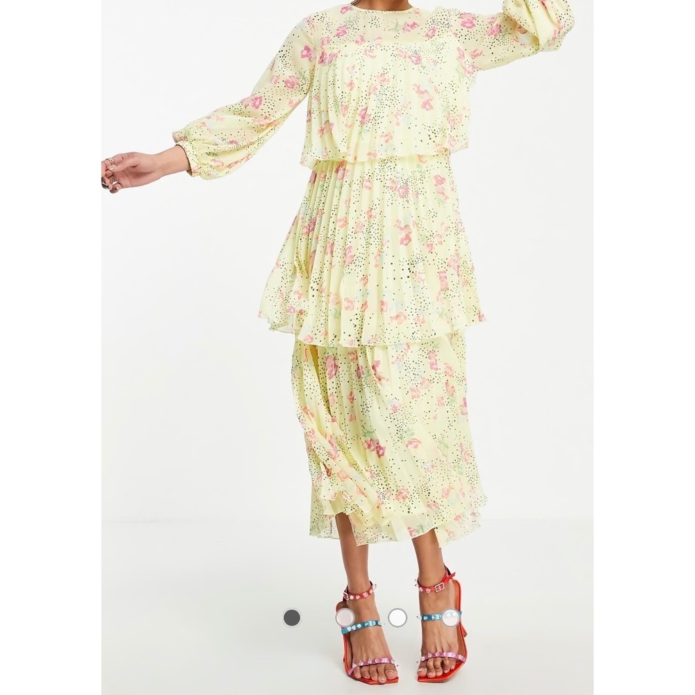 ASOS DESIGN Pleated Tiered Midi Dress Open Back Yellow Ditsy Floral Print